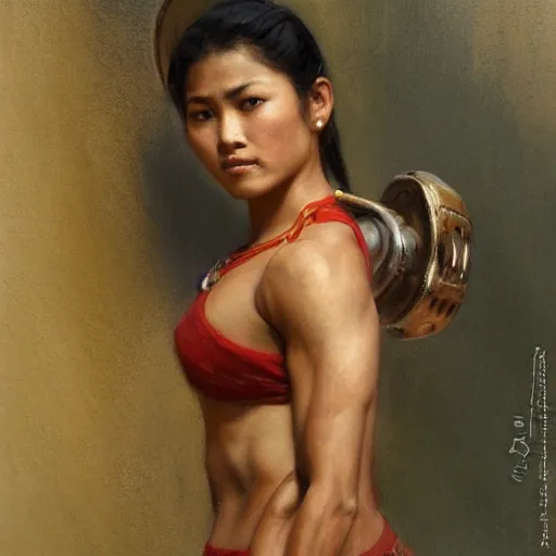 Prompt: a fit and muscular nepali woman from side wearing clothes with holes. highly detailed painting by gaston bussiere, craig mullins, j. c. leyendecker 8 k