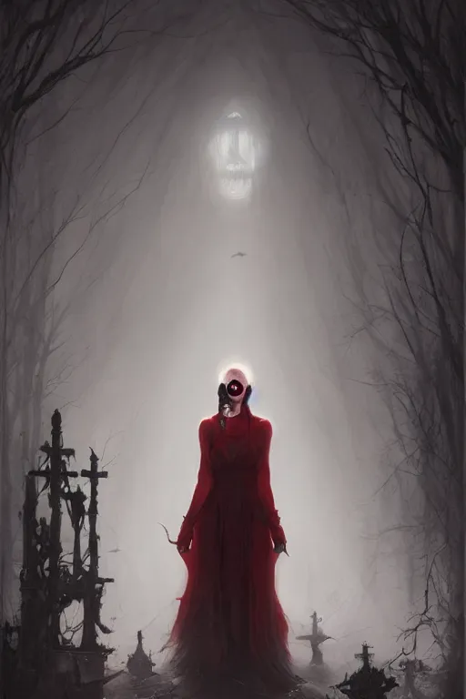 Image similar to A scary painting of a single woman inside with red eyes by Jordan grimmer, Tom Bagshaw, Todd Lockwood, nightmare scape, dark atmospheric lighting, cemetery, ground fog, digital paint, Trending on artstation, artstationHD, artstationHQ, 4k, 8k