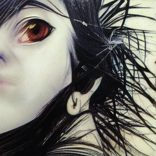 Image similar to yoshitaka amano blurry realistic illustration of an anime girl with black eyes, wavy white hair and cracks on her face wearing dress suit with tie fluttering in the wind, abstract black and white patterns on the background, cross earring, noisy film grain effect, highly detailed, renaissance oil painting, weird portrait angle