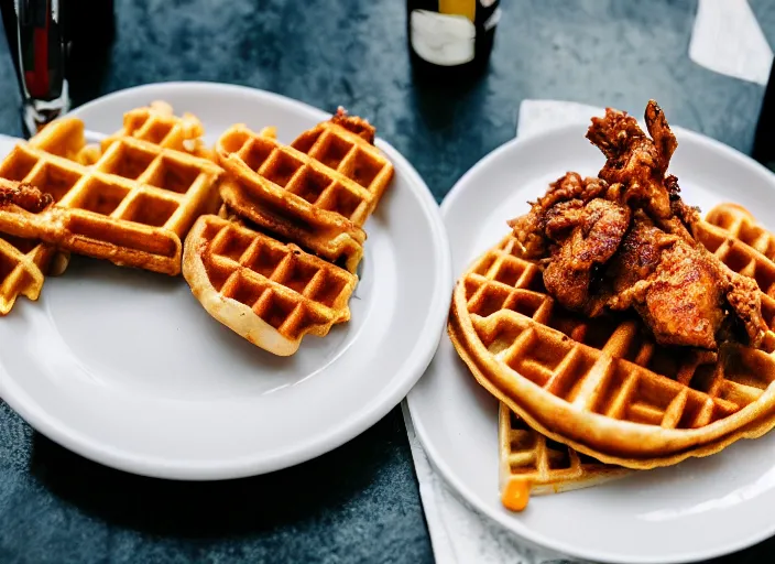 Prompt: dslr food photograph of chicken and waffles with a side of coke slaw, 8 5 mm f 1. 8