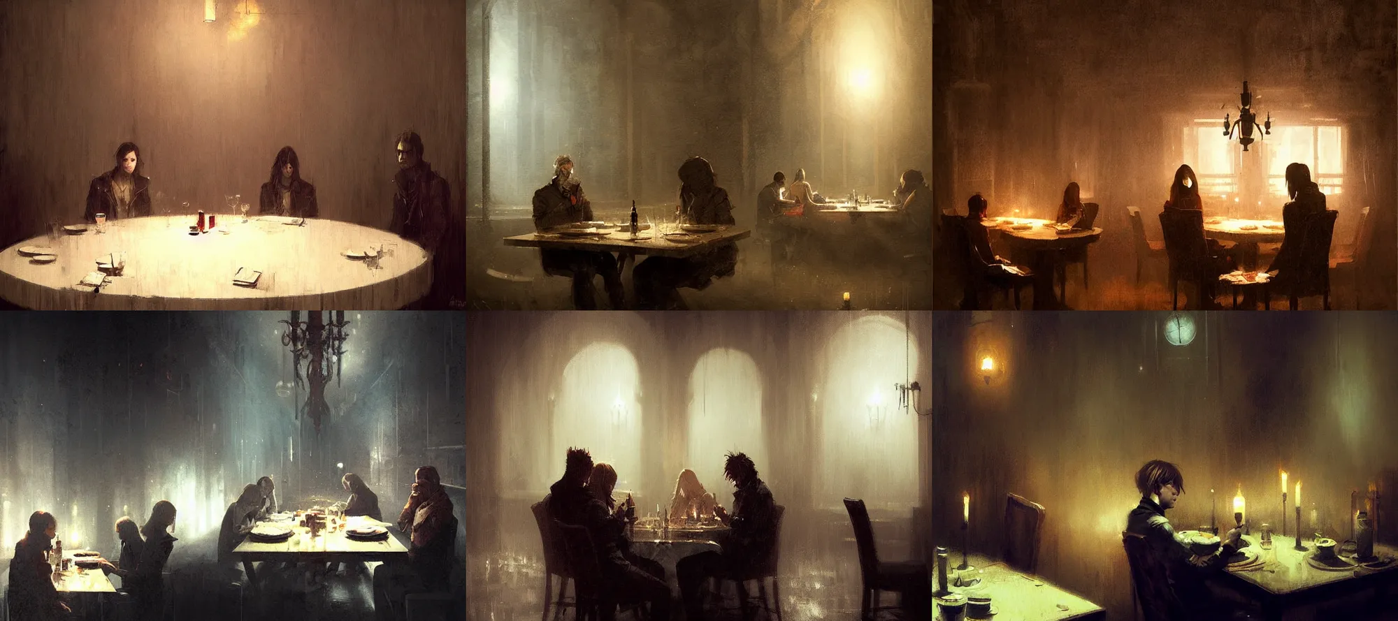 Prompt: alpha omega silent hill eating dinner at a table in the backrooms happiness is temporary by greg rutkowski