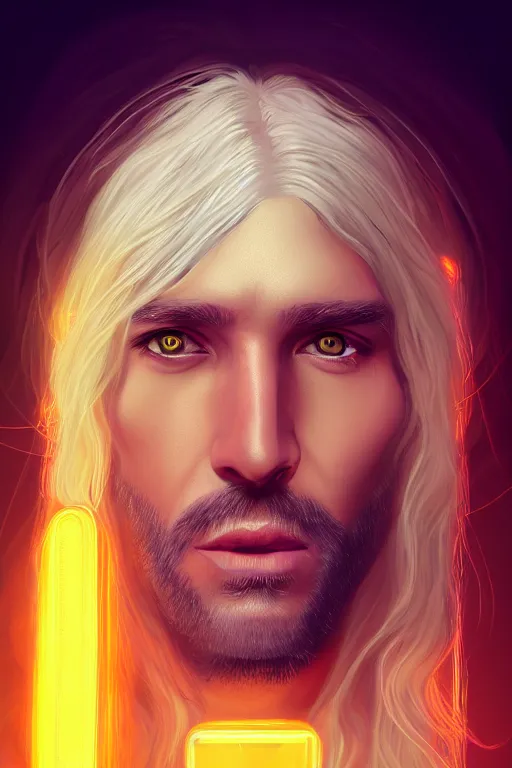 Image similar to Portrait of male mage with long white hair, yellow face, photorealistic, highly detailed, artstation, smooth, sharp focus, gold ornaments, neon lighting, sci-fi, art by Klimt