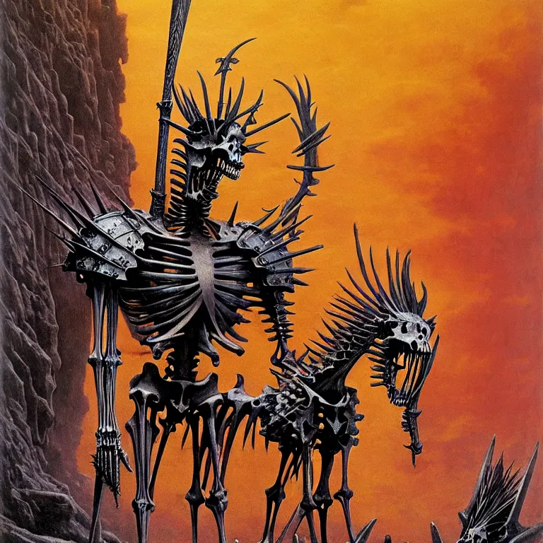 Prompt: vibrant. A spiked detailed horse skeleton with armored joints stands in a large cavernous throne room with halberd in hand. Massive shoulderplates. Extremely high details, realistic, fantasy art, solo, masterpiece, bones, ripped flesh, colorful art by Zdzisław Beksiński, Arthur Rackham, Dariusz Zawadzki, Harry Clarke