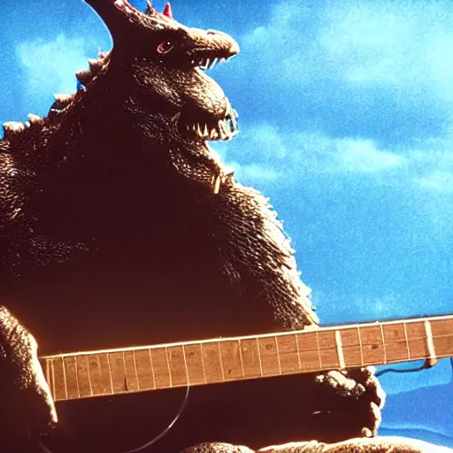 Prompt: godzila playing banjo, movie style