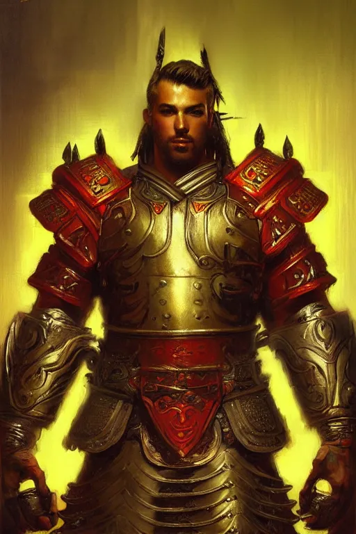 Image similar to attractive beefy male with armor, tang dynasty, character design, colorful, neon lights, cyberpunk, painting by gaston bussiere, craig mullins, j. c. leyendecker, tom of finland