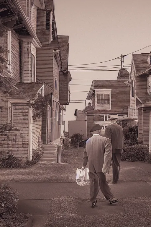 Image similar to a 5 0's detective coming home, residential neighborhood