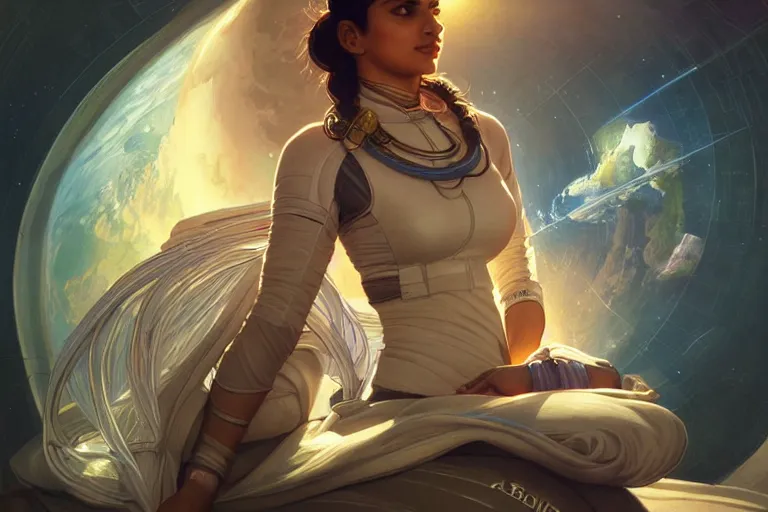 Image similar to Sensual beautiful female Aryan young Indian doctors wearing Deus Ex Human Revolution clothing in a space station above Earth, portrait, elegant, intricate, digital painting, artstation, concept art, smooth, sharp focus, illustration, art by artgerm and greg rutkowski and alphonse mucha