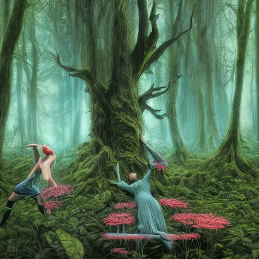 Prompt: having a good time, dancing in the forest, giant trees, flowers, neon, by Ross Tran, Basil Gogos, Laurie Lipton, Zdzisław Beksiński, Junji Ito, Laurie Lipton, and Michael Whelan, distant, gustav dore, H.R. Giger, 8k, hd, 4k, hyper, realistic, octane render