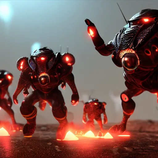 Image similar to highly detailed octane render of giant glowing insects chasing short fat men with giant beards who each hold a gun and wear armour. Depth of field