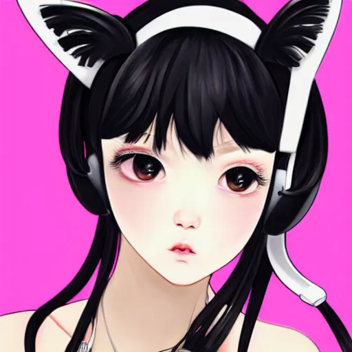 Image similar to realistic beautiful gorgeous natural cute Blackpink Lalisa Manoban black hair fur black cat ears, wearing white camisole summer outfit, headphones, black leather choker, tonemapping artwork drawn full HD 4K highest quality in artstyle by professional artists WLOP, Ayami Kojima, Aztodio, Alphonse Mucha, Taejune Kim, Guweiz on Pixiv Instagram Artstation