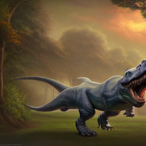 Prompt: matte painting of t - rex, artwork by artgerm, style of thomas kinkade and greg rutkowski, ray traced