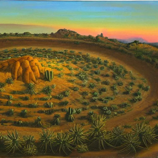 Image similar to a conrad bluff oil painting of a small hill covered in cactus with a circular 1 0 lane highway at it's base full of evening traffic