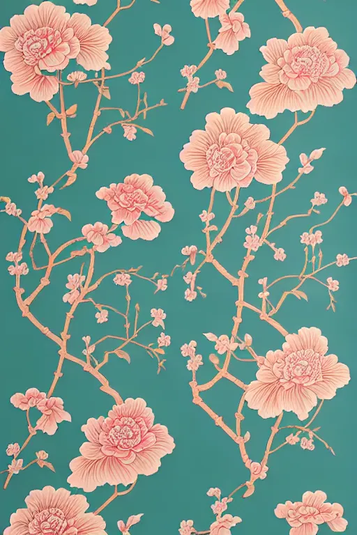 Prompt: Chinoiserie floral wallpaper by James Jean, victo ngai, tom whalen