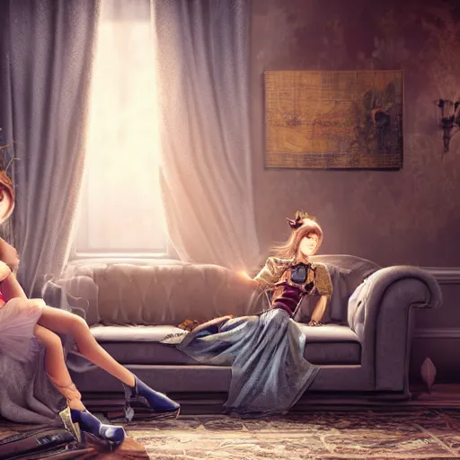 Prompt: a beautiful female is sitting on her living room couch. She is dressed casually and is watching TV, Realistic, Refined, Detailed Digital Art, Steampunk, Highly Detailed, Cinematic Lighting, Unreal Engine, 8k, HD