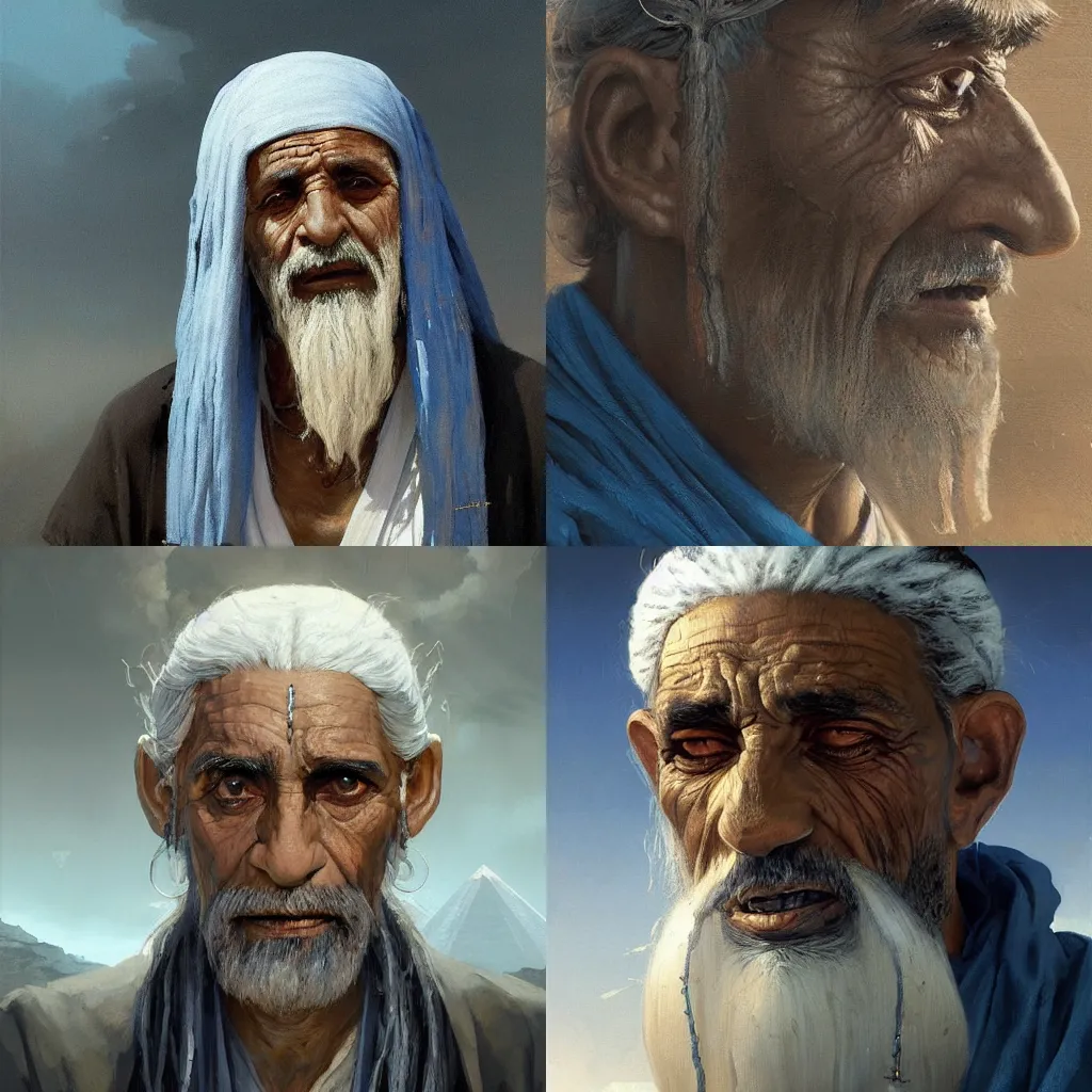 Prompt: masterpiece painting of a portrait of a egyptian old man, white blind eyes and with long dreads gray hair wearing blue and black kimono featured in artstation, concept art by Greg Rutkowski, WLOP, Dan Mumford, Christophe Vacher