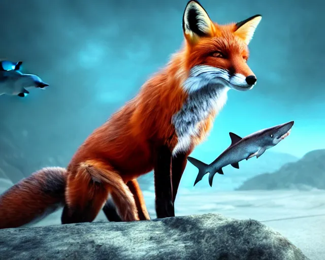 Image similar to a portrait of a fox eating a shark, cinematic, 8 k, raytracing, fantasy artwork, detailed, realistic