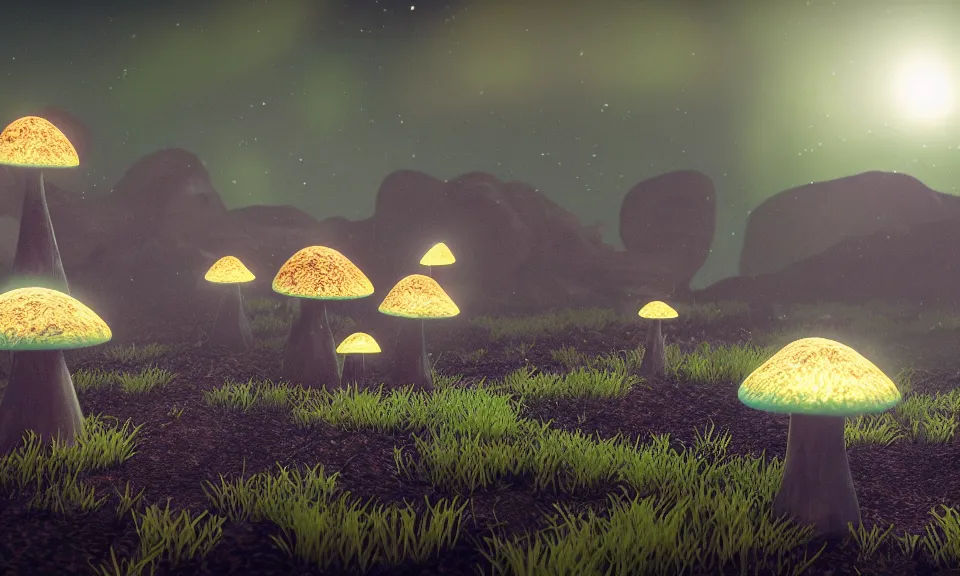 Image similar to bioluminescent mushrooms on an alien landscape with spores of glowing light, atmospheric lighting, octane 3d render, 4k wallpaper