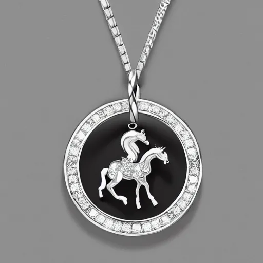 Image similar to a lovely silver cartoon unicorn necklace pendant, 3 d rendering, pandora style, tiffany style, swarovski style, van cleef & arpels style, cartier style, boucheron style, bulgari style, chaumet style, elegant, noble, stylish