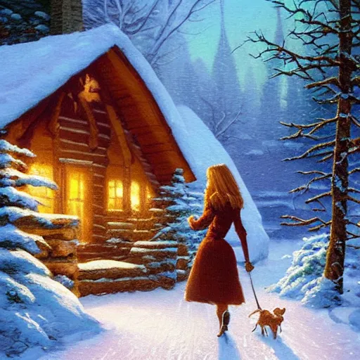 Prompt: snowy forest, log cabin, goth girl walking through snow, art by thomas kinkade