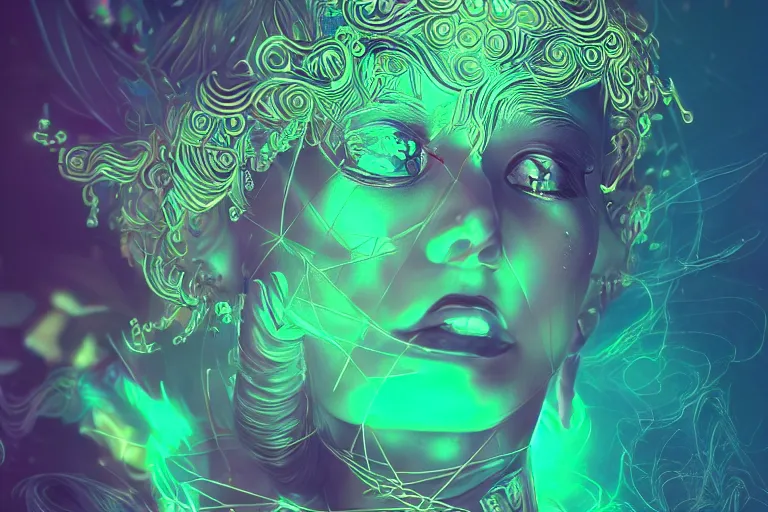 Image similar to photo of surreal goddes of war in neon lighting, elegant, highly detailed, smooth, sharp focus, trippy, dmt, psychedelic, illustration, beautiful, geometric, trending on artstation, cinematic, artwork by WLOP