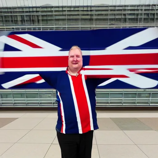 Image similar to fat middle aged british man waving british flag in heathrow airport