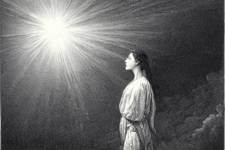 Image similar to black and white, young french woman illuminated by a beam of light through detailed clouds, Gustave Dore lithography