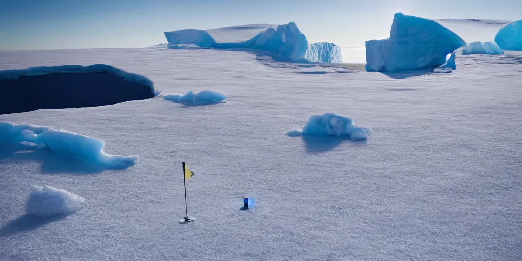 Image similar to a great photograph of the most amazing golf hole in the world, perfect light, antarctica on the most beautiful day, on top of an iceberg, ambient light, 5 0 mm, golf digest, top 1 0 0, fog