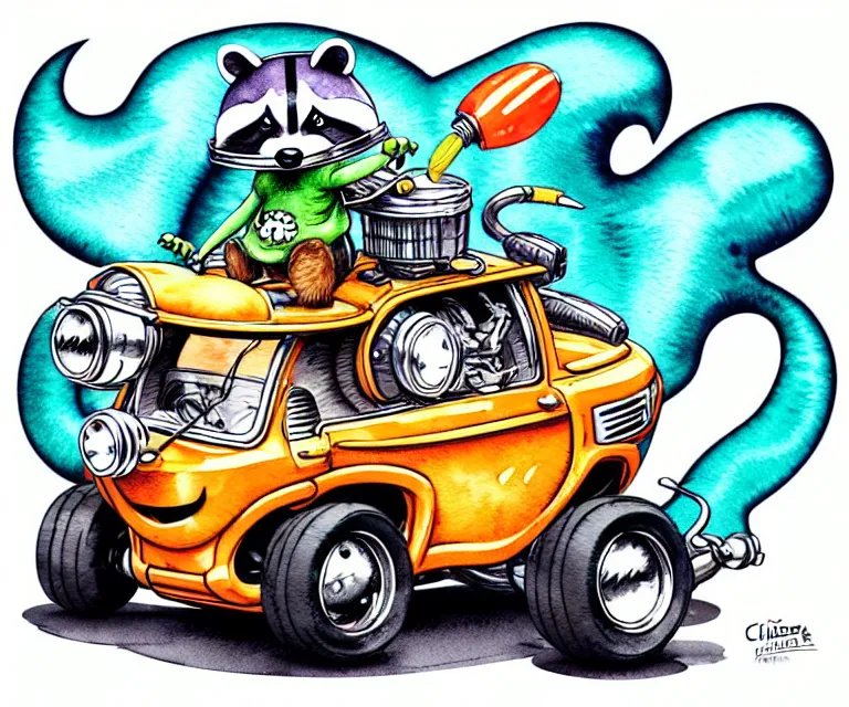 Image similar to cute and funny, racoon wearing a helmet riding in a tiny hot rod with oversized engine, ratfink style by ed roth, centered award winning watercolor pen illustration, isometric illustration by chihiro iwasaki, edited by range murata, tiny details by artgerm and watercolor girl, symmetrically isometrically centered, focused