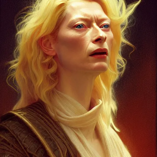 Image similar to young adult tilda swinton as lucifer morningstar, long blond hair, natural lighting, path traced, highly detailed, high quality, digital painting, by gaston bussiere, craig mullins, alphonse mucha j. c. leyendecker