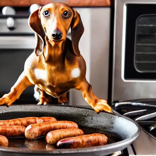 Image similar to dachshund cooking some sausages on a pan