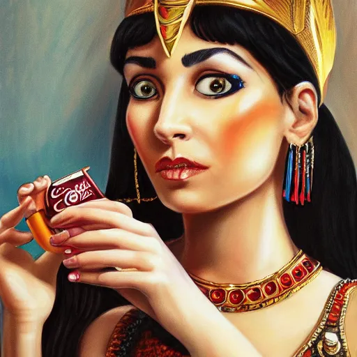Prompt: a fancy portrait of cleopatra having a coca cola light during lunch break, concept art, detail, realistic, trending on art station, beautiful, colorful, dreamlike