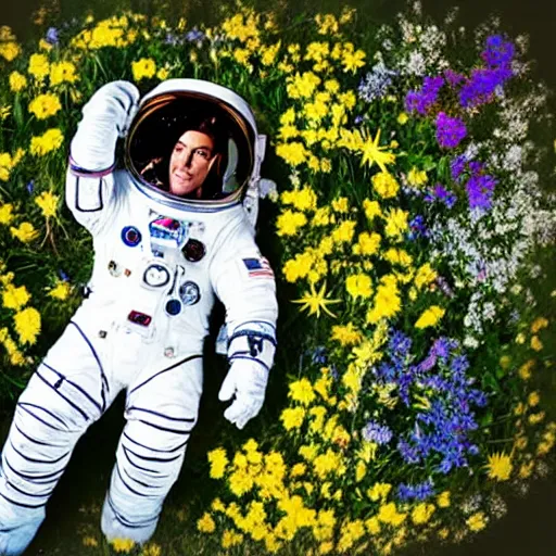 Prompt: an astronaut lying in field of flowers.