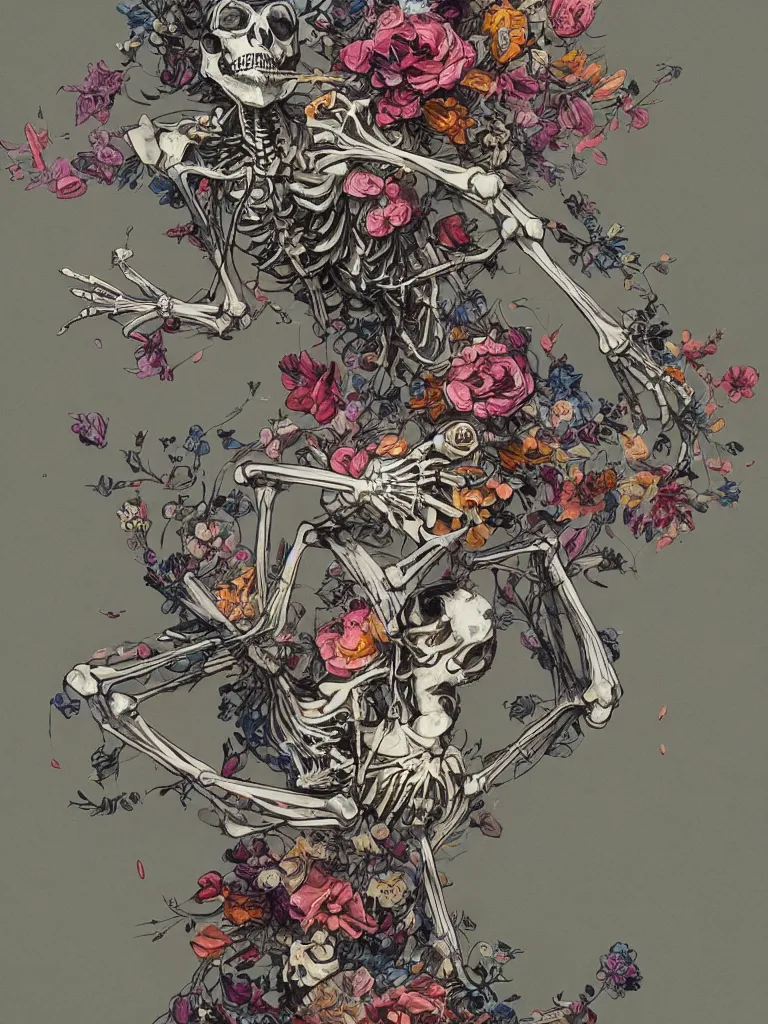 Prompt: a skeleton covered in flowers in a dynamic pose, in the style of james jean and peter mohrbacher, highly detailed, soft lighting,