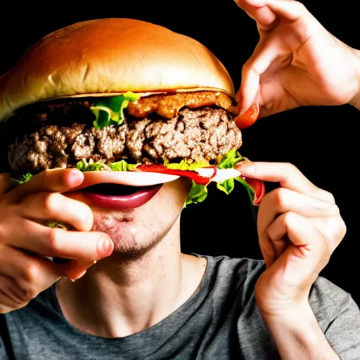 Prompt: a person eating a very very big hamburger that don't even fit in his mouth