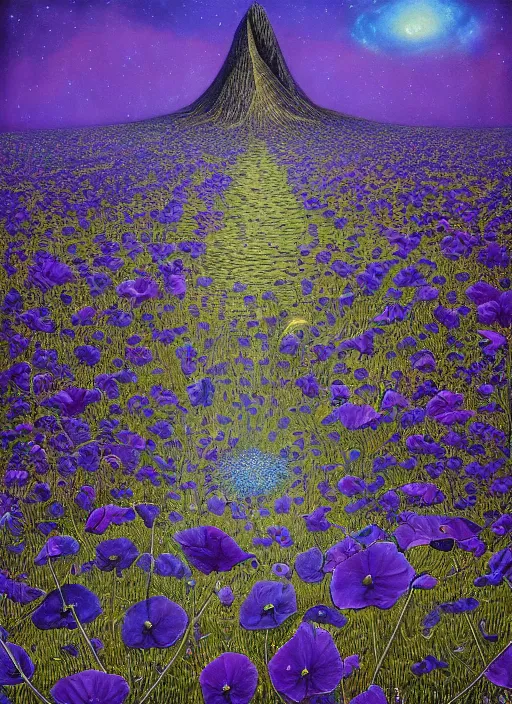 Image similar to detailed, intricate blue black and purple papaverum flower on the field, nebula, galaxy in the sky, winning award masterpiece, fantastically beautiful, illustration, aestheticly inspired, jacek yerka, upscale with anguissola sofonisba work, artstation, 8 k