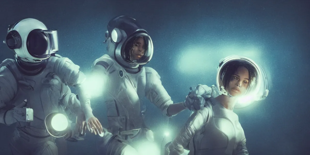 Image similar to Zoe Kravitz with short hair as a retro astronaut, helmet with led lights, alone underwater in the ocean at night, clear water, glowing bubbles, volumetric lighting, glowing lights, 4k, octane, unreal engine, digital painting, artstation, concept art, high contrast, high saturation , cinematic film still, sharp focus, illustration, art by Christopher Nolan and artgerm and greg rutkowski and alphonse mucha , wide angle view, full body