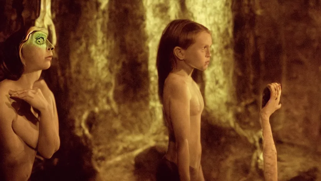 Image similar to a girl listening to a reptilian humanoid, reptile, reptilian, movie still, cinematic composition, cinematic light, criterion collection, reimagined by industrial light and magic, Movie by David Lynch and Ridley Scott