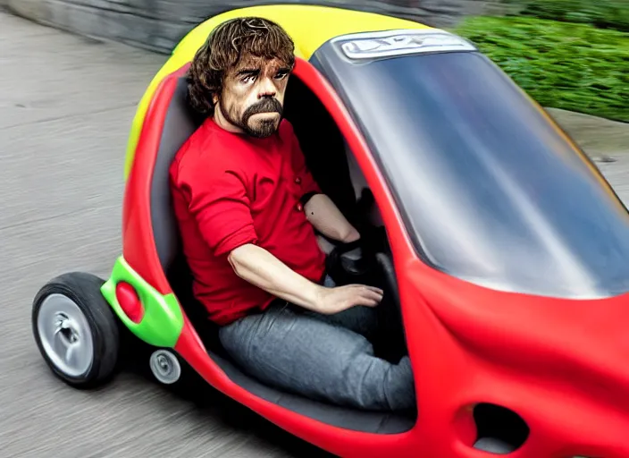 Image similar to peter dinklage mad driving a little tikes car, movie still, from the new fast and furious movie, 8 k, realistic