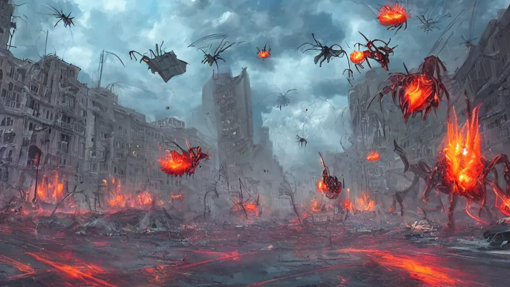 Prompt: concept art of giant bugs destroying a city