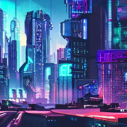 Image similar to Huge cyberpunk city with tall buildings and neon lights. HD.