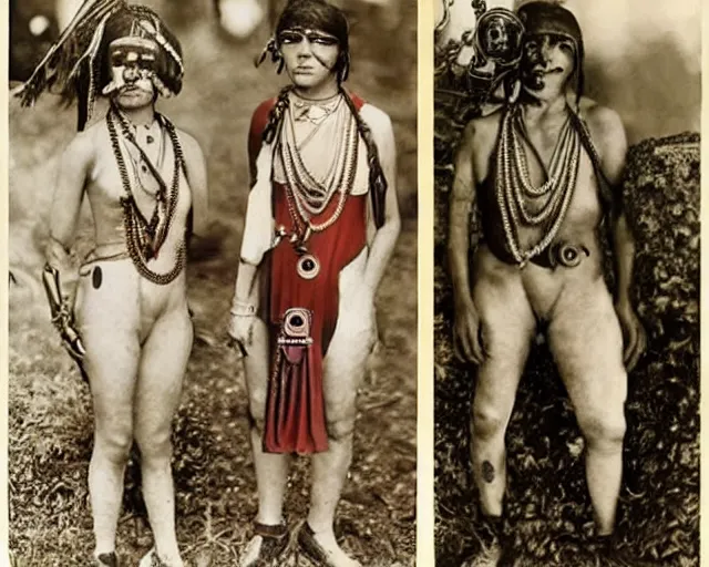 Image similar to 1 9 2 0 s colorized photographs of the lost tribes of del shoob and their amazing ornate jewelry and cyborg - like body modifications