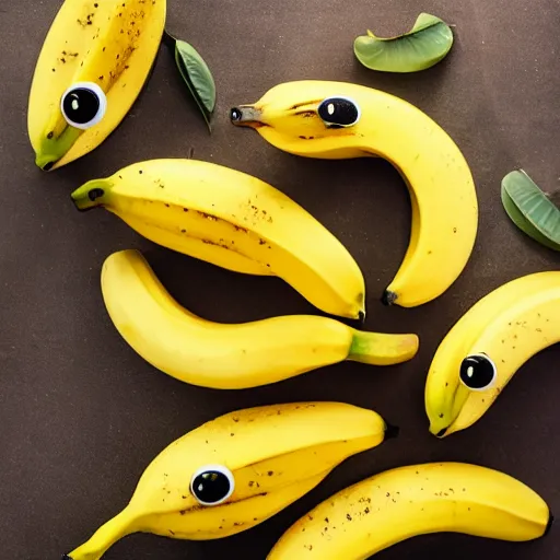 Image similar to professional photograph of banana ducks, peeled bananas with googly eyes and duck beaks