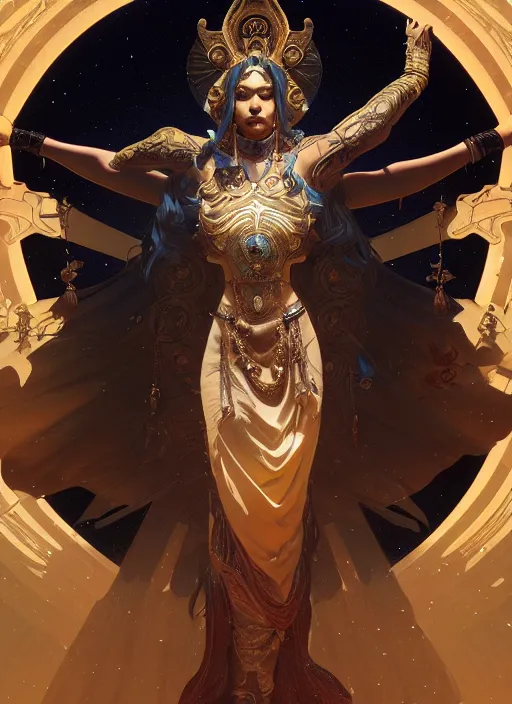 Image similar to Divine cosmic female power, glyphs, magic, artstation, high contrast, dramatic lighting, cgsociety, very detailed, intricate, detailed illustration, by artgerm and greg rutkowski and alphonse mucha, octane render, unreal engine, hyperrealism