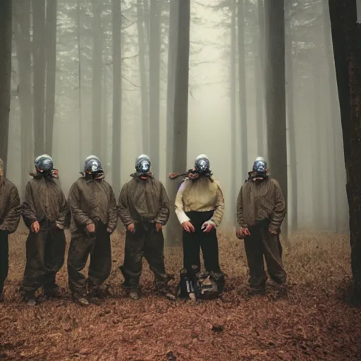 Image similar to high realistic photo portrait group of men with gas masks in a foggy forest, cinestill 800t 35mm, heavy grain, high quality