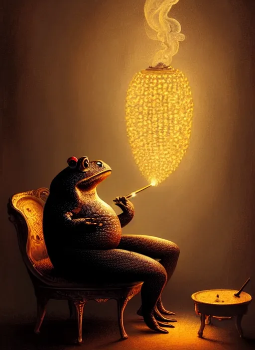 Image similar to portrait of a large black toad smoking a shisha, sitting in an armchair, intricate, elegant, glowing lights, highly detailed, digital painting, artstation, concept art, smooth, sharp focus, art by wlop, mars ravelo and greg rutkowski