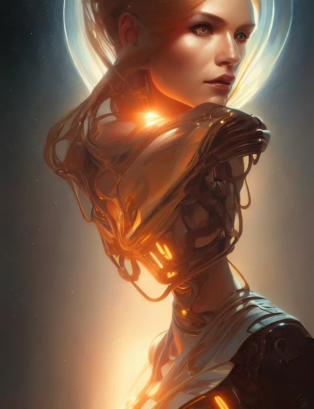 Image similar to futuristic woman portrait, sci-fi, amber eyes, face, long hair, fantasy, intricate, elegant, highly detailed, digital painting, artstation, concept art, smooth, sharp focus, illustration, art by artgerm and greg rutkowski and alphonse mucha