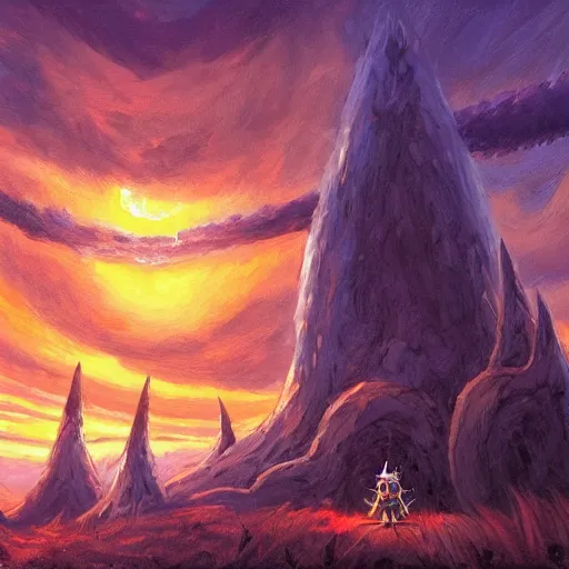 Prompt: painting of black mage!!!!!!! from final fantasy 9!!!!!, watching a purple and orange sunset!!, from the black mage cemetery!!!, in the style of justin gerard!!!!, pine trees, hilltop