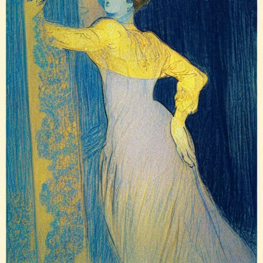 Prompt: a girl in a blue and gold ivory room, film still by goya, by henri de toulouse - lautrec, elegant drawing, digital painting, jugendstil, art noveau, strong lights, flat colors, pastel colors