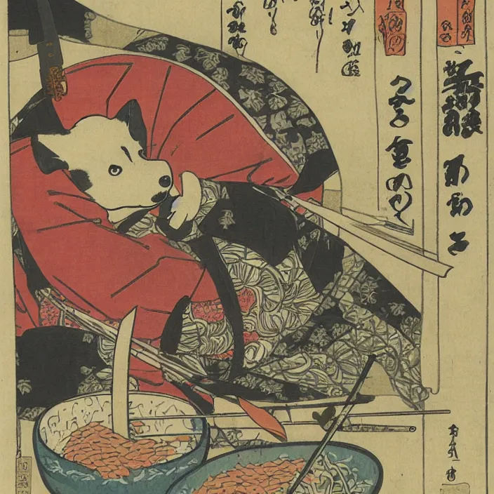 Image similar to comic book artwork of a shiba inu samurai eating a bowl of rice by Utagawa Kuniyoshi