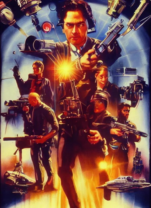 Prompt: a movie poster with a man holding a sci - fi gun, poster art by drew struzan, cgsociety, retrofuturism, reimagined by industrial light and magic, poster art, movie poster